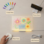 Glow Nest LED drawing board flat lay with 7 coloured pens — Parent Nest