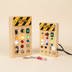 Two PowerBoard wooden busy board sizes on white background — Parent Nest