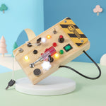 Large PowerBoard close-up editorial shot — wooden LED activity board for kids aged 4–6