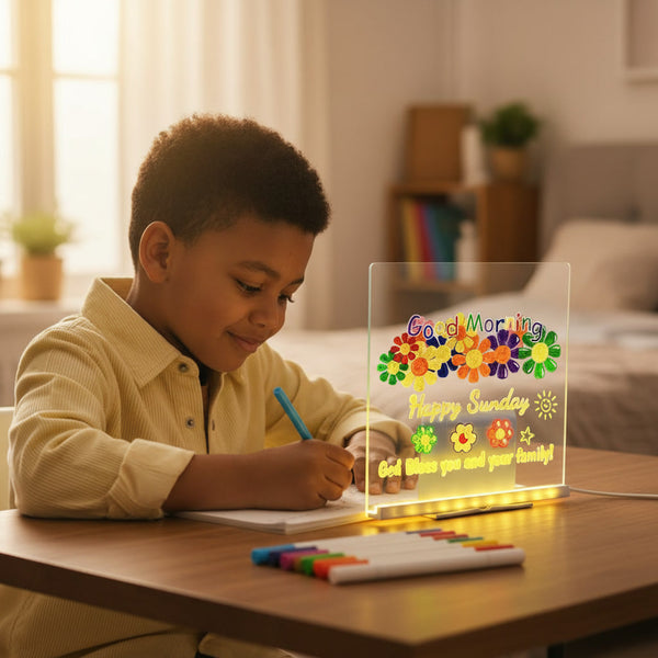 Young child drawing on Glow Nest LED light-up board — screen-free creative activity