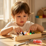 Young child using wooden LED busy board — Parent Nest Build & Learn toy