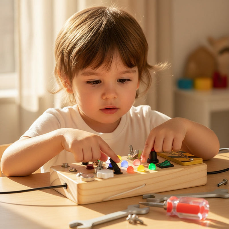 Young child using wooden LED busy board — Parent Nest Build & Learn toy