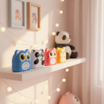 All four Duo Nest animal character stamps standing in a row — kids name stamps