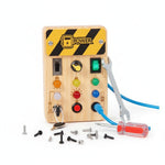 Natural pine wood PowerBoard standing upright — kids STEM activity board