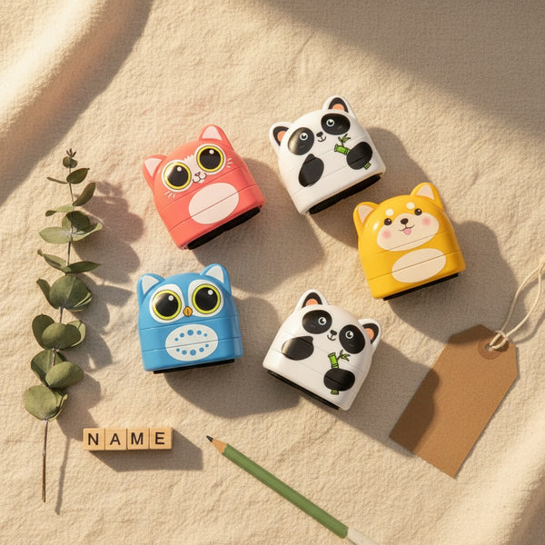 Four Duo Nest double-sided personalised name stamps flat lay — Parent Nest
